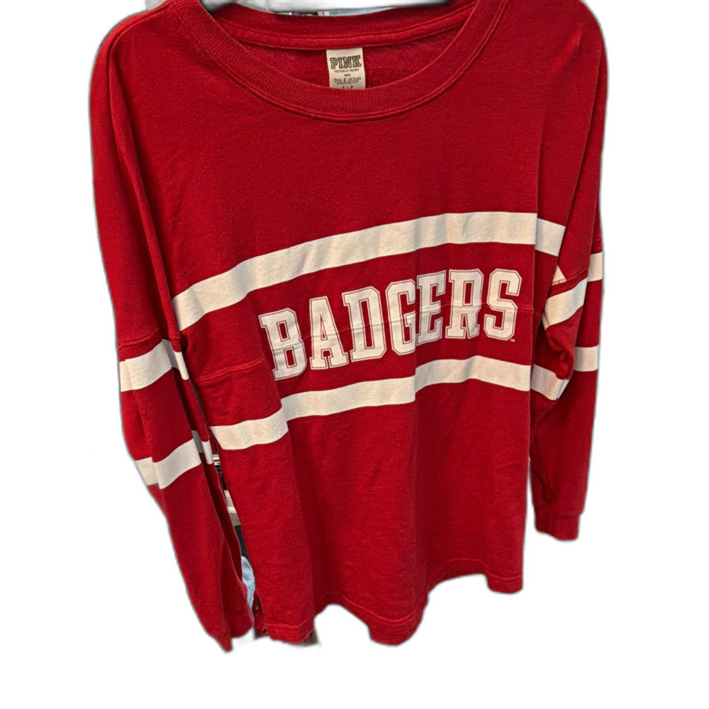 PINK Wisconsin Badgers Red White Crew Neck Long Sleeve Pullover Sweatshirt S